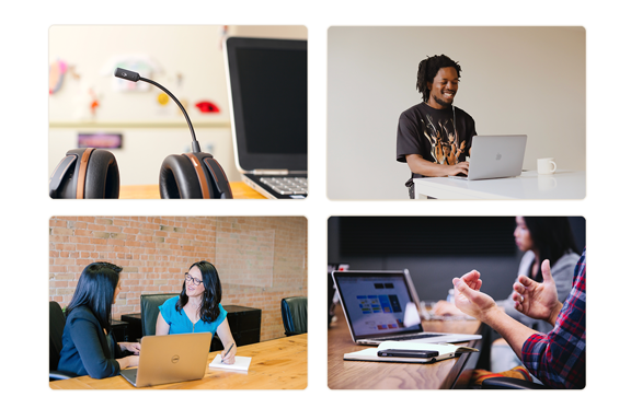 A grid of four decorative images. Top Left is of a young man smiling down at his laptop. Top right is of a headset and microphone. Bottom left is of a man's hands during a meeting. Bottom right is of two women meeting in front of a laptop. 