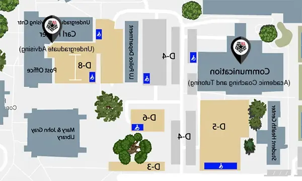 map indicating location of academic coaching and tutoring in the Communication Building and undergraduate advising in the Carl Parker Building